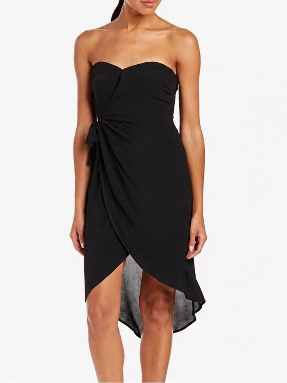 ASTR The Label Black Strapless Faux Wrap Mini Midi Dress Side Tie High Low Hem L